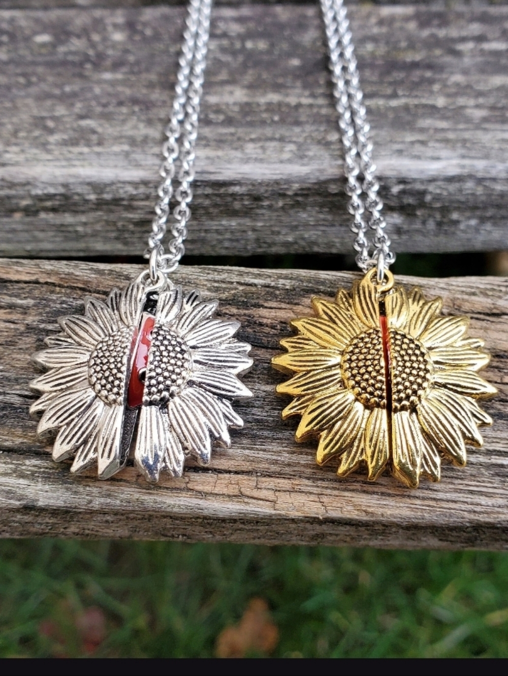 Sunflower ladybug locket necklace Gold  Or Silver